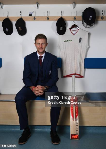 Joe Root of England poses for a portrait during a Joe Root Press Conference, at Headingley on February 15, 2017 in Leeds, England.
