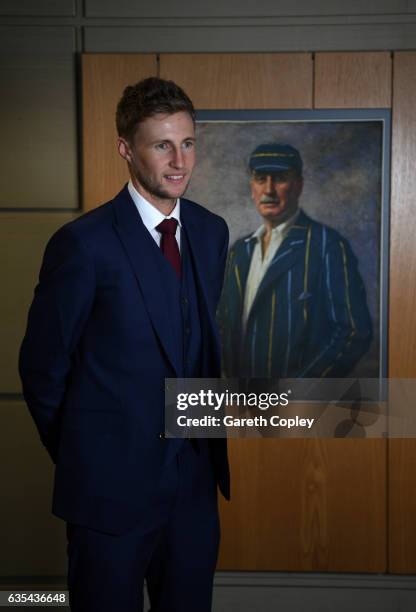 Joe Root of England poses for a portrait infront of a picture of Ex England Cricketer, Lord Hawke during a Joe Root Press Conference at Headingley on...