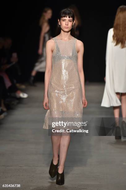 Model walks the runway at the Narciso Rodriguez Autumn Winter 2017 fashion show during New York Fashion Week on February 14, 2017 in New York, United...