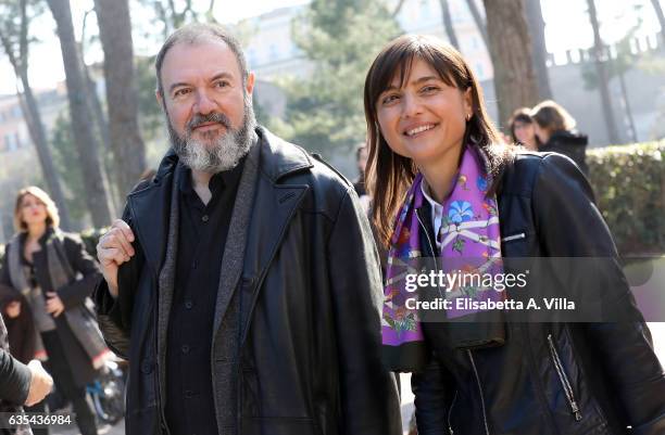 Carlo Lucarelli and Debora Serracchiani attend a photocall for 'La Porta Rossa' fiction Rai at Villa Borghese on February 15, 2017 in Rome, Italy.