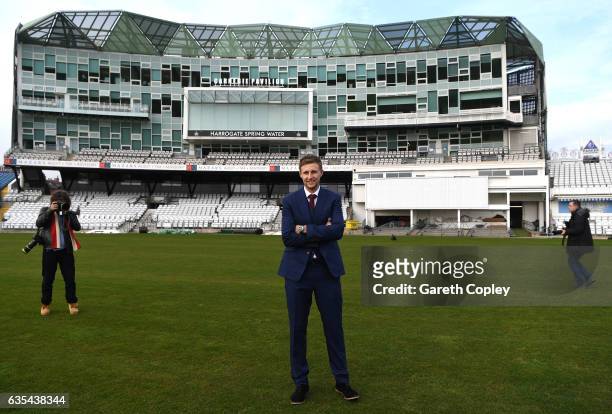Joe Root of England wlaks out onto the pitch as he poses for photos during a Joe Root Press Conference at Headingley on February 15, 2017 in Leeds,...