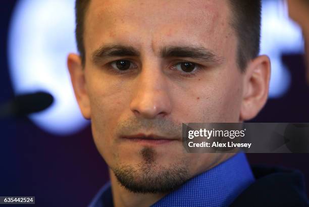 Petr Petrov faces the media ahead of his fight against Terry Flanagan during a boxing press conference at City Academy on February 15, 2017 in...