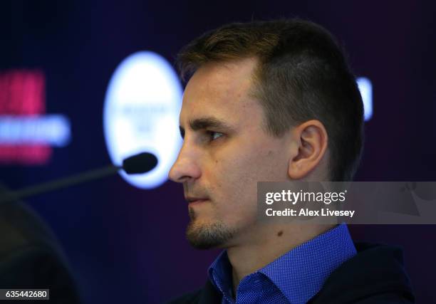 Petr Petrov faces the media ahead of his fight against Terry Flanagan during a boxing press conference at City Academy on February 15, 2017 in...