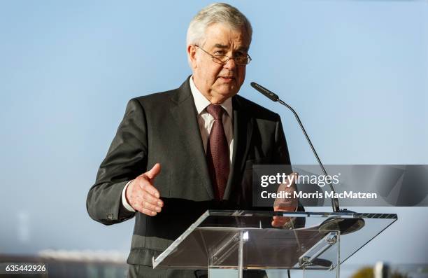 Senator for economic affairs Frank Horch speaks during a press conference at the Hamburg Harbour on February 15, 2017 in Hamburg, Germany. According...