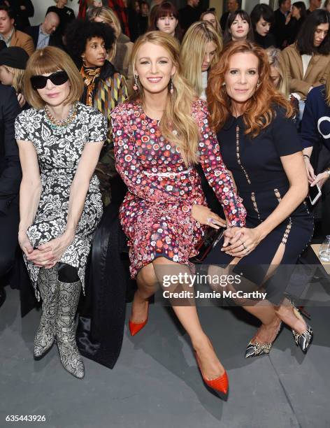 Anna Wintour, Blake Lively, and Robyn Lively attend the Michael Kors Collection Fall 2017 runway show at Spring Studios on February 15, 2017 in New...