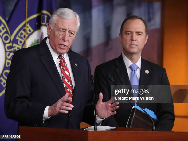 House Minority Whip Steny Hoyer and House Intelligence ranking member Adam Schiff speak to the media during a news conference on February 15, 2017 in...
