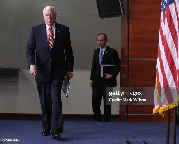 House Minority Whip Steny Hoyer and House Intelligence ranking member Adam Schiff walk up to speak to the media during a news conference on February...