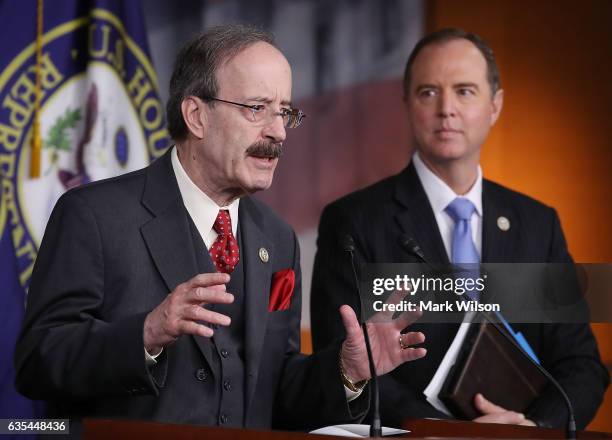 House Foreign Affairs ranking member Eliot Engel and House Intelligence ranking member Adam Schiff , speak to the media during a news conference on...
