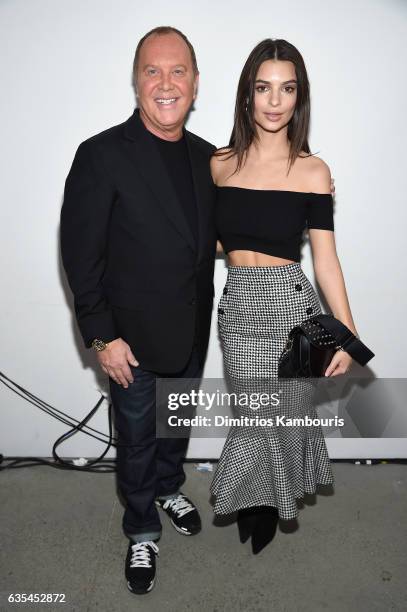 Designer Michael Kors and model Emily Ratajkowski backstage before the Michael Kors Collection Fall 2017 runway show at Spring Studios on February...