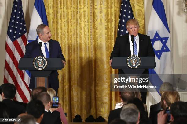 President Donald Trump and Israel Prime Minister Benjamin Netanyahu participate in a joint news conference at the East Room of the White House...