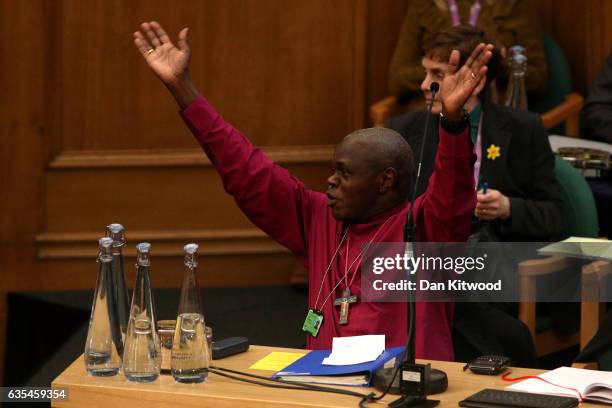 John Sentamu, the Archbishop of York, reacts during the General Synod on February 15, 2017 in London, England. Members of the Church of England will...
