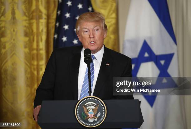 President Donald Trump and Israel Prime Minister Benjamin Netanyahu participate in a joint news conference at the East Room of the White House...