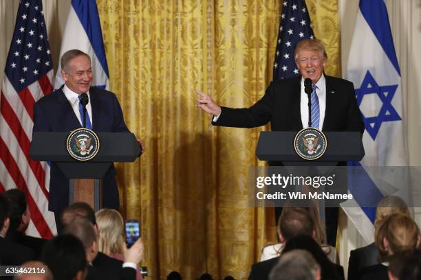 President Donald Trump and Israel Prime Minister Benjamin Netanyahu participate in a joint news conference at the East Room of the White House...