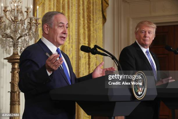 President Donald Trump and Israel Prime Minister Benjamin Netanyahu participate in a joint news conference at the East Room of the White House...