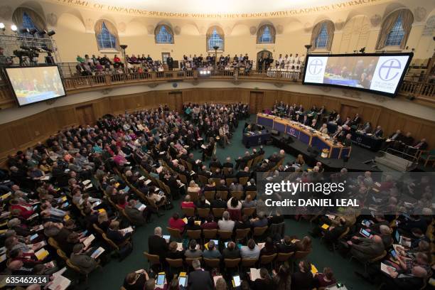 An overhead view of proceedings during a session on the third day of the Church of England General Synod at Church House in central London on...