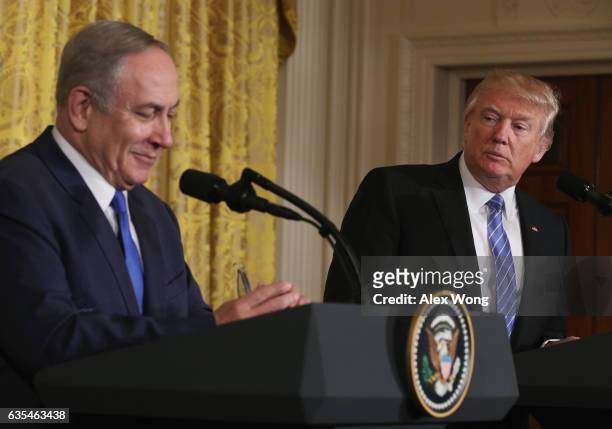 President Donald Trump and Israel Prime Minister Benjamin Netanyahu participate in a joint news conference at the East Room of the White House...