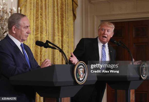 President Donald Trump and Israel Prime Minister Benjamin Netanyahu participate in a joint news conference at the East Room of the White House...