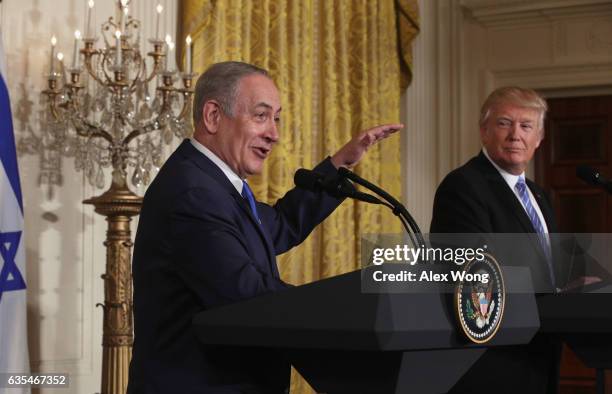 President Donald Trump and Israel Prime Minister Benjamin Netanyahu participate in a joint news conference at the East Room of the White House...