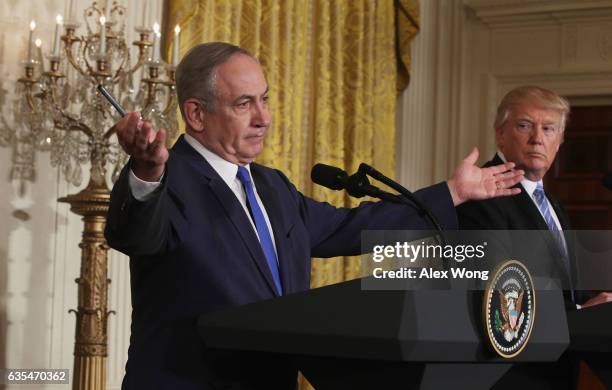 President Donald Trump and Israel Prime Minister Benjamin Netanyahu participate in a joint news conference at the East Room of the White House...