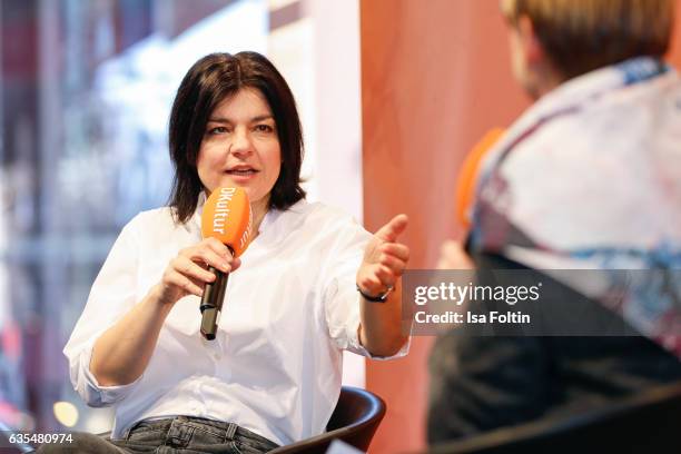 German actress Jasmin Tabatabai talks at the 'Berlinale Open House Talk' during Audi At The 67th Berlinale International Film Festival on February...