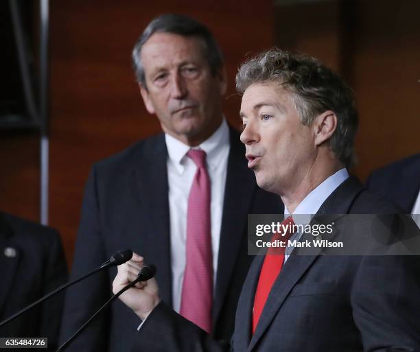 Sen. Rand Paul and Rep. Mark Sanford speak to the media at a news conference to discuss their Affordable Care Act replacement legislation, on Capitol...