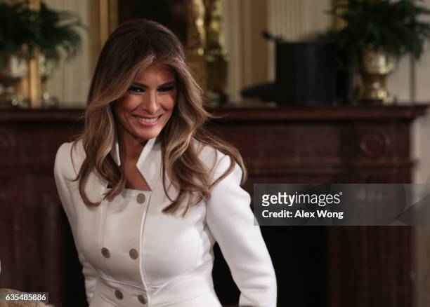 First lady Melania Trump arrives at the East Room of the White House prior to a joint news conference February 15, 2017 in Washington, DC. President...