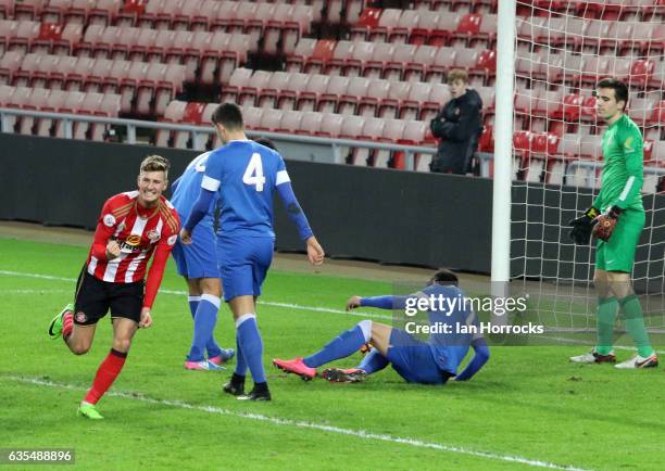 Ethan Robson of Sunderland celebrates scoring the opening goal during the Premier League International Cup Quarter Final match between Sunderland U23...