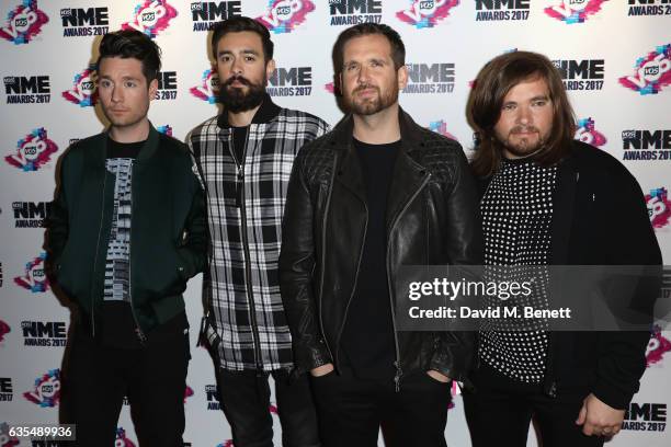 Dan Smith, Kyle Simmons, Will Farquarson and Chris Wood of Bastille arrive at the VO5 NME awards 2017 at The O2 Academy Brixton on February 15, 2017...