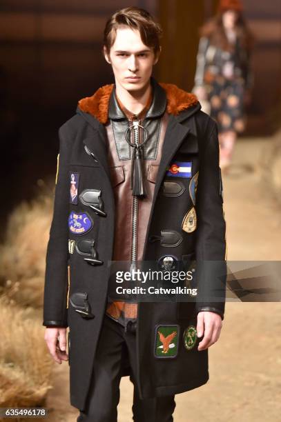 Model walks the runway at the Coach Autumn Winter 2017 fashion show during New York Fashion Week on February 14, 2017 in New York, United States.