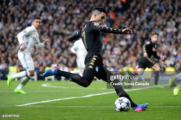 Jose Callejon, #7 of SSC Napoli during the UEFA Champions League Round of 16 first leg match between Real Madrid CF and SSC Napoli at Santiago...