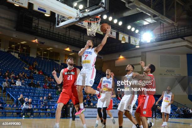 Brandon Triche of the Delaware 87ers goes up for a shot during the game against the Maine Red Claws on February 14, 2017 at the Bob Carpenter Center...