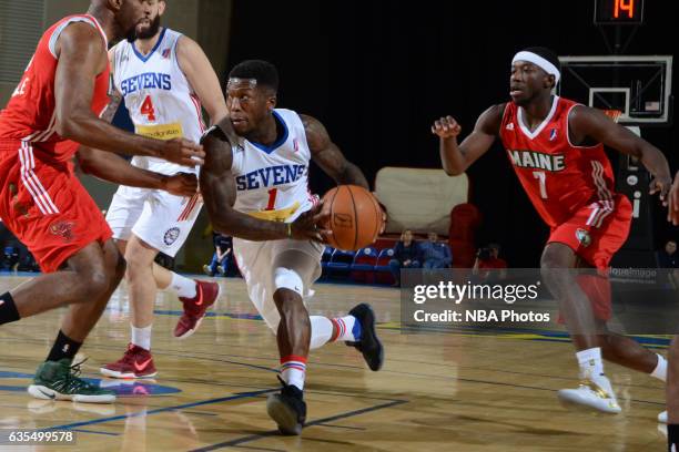 Nate Robinson of the Delaware 87ers handles the ball during the game against the Maine Red Claws on February 14, 2017 at the Bob Carpenter Center in...