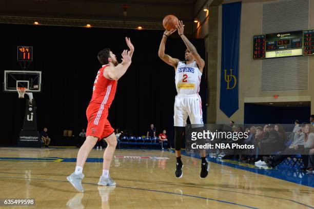 Devondrick Walker of the Delaware 87ers takes a shot during the game against the Maine Red Claws on February 14, 2017 at the Bob Carpenter Center in...