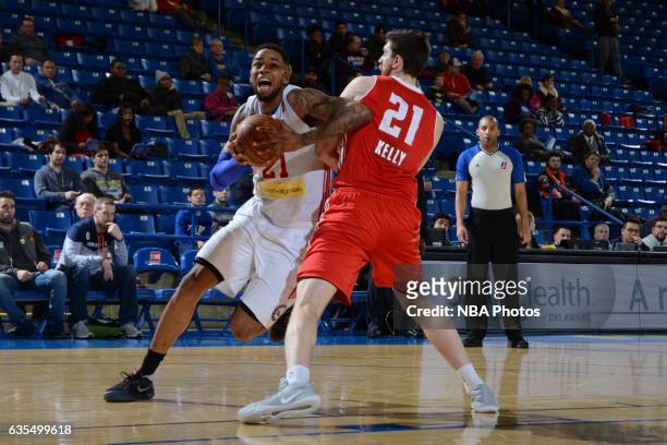 Shawn Long of the Delaware 87ers handles the ball during the game against the Maine Red Claws on February 14, 2017 at the Bob Carpenter Center in...