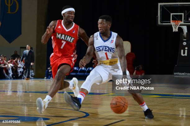 Nate Robinson of the Delaware 87ers handles the ball during the game against the Maine Red Claws on February 14, 2017 at the Bob Carpenter Center in...