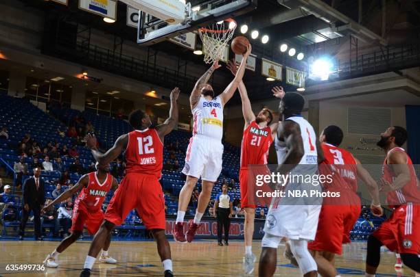 Carlos Lopez of the Delaware 87ers goes up for a shot during the game against the Maine Red Claws on February 14, 2017 at the Bob Carpenter Center in...