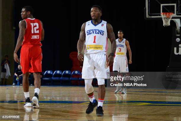 Nate Robinson of the Delaware 87ers looks on during the game against the Maine Red Claws on February 14, 2017 at the Bob Carpenter Center in Newark,...