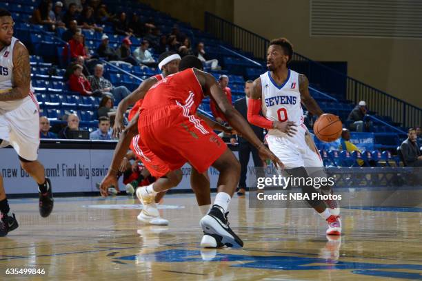 Russ Smith of the Delaware 87ers handles the ball during the game against the Maine Red Claws on February 14, 2017 at the Bob Carpenter Center in...