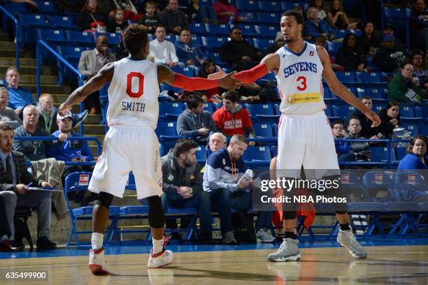 Russ Smith and James Webb III of the Delaware 87ers slap hands during the game against the Maine Red Claws on February 14, 2017 at the Bob Carpenter...