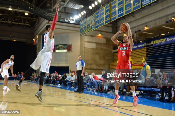 Coron Williams of the Maine Red Claws takes a shot during the game against the Delaware 87ers on February 14, 2017 at the Bob Carpenter Center in...
