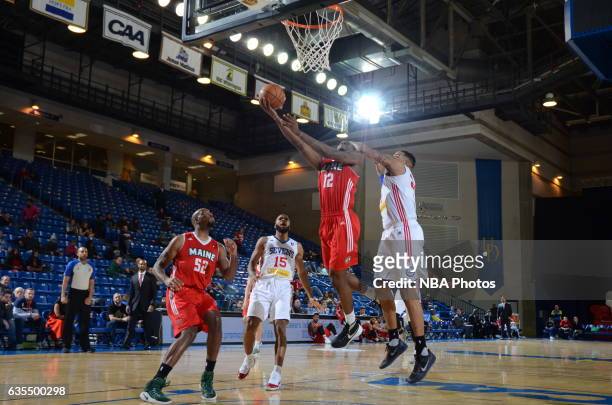 Jalen Jones of the Maine Red Claws goes up for a shot during the game against the Delaware 87ers on February 14, 2017 at the Bob Carpenter Center in...