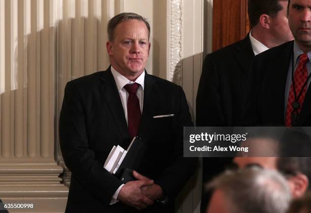 White House Press Secretary Sean Spicer waits for the beginning of a joint news conference with U.S. President Donald Trump and Israel Prime Minister...