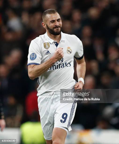 Karim Benzema of Real Madrid celebrates after scoring during the UEFA Champions League Round of 16 first leg match between Real Madrid CF and SSC...