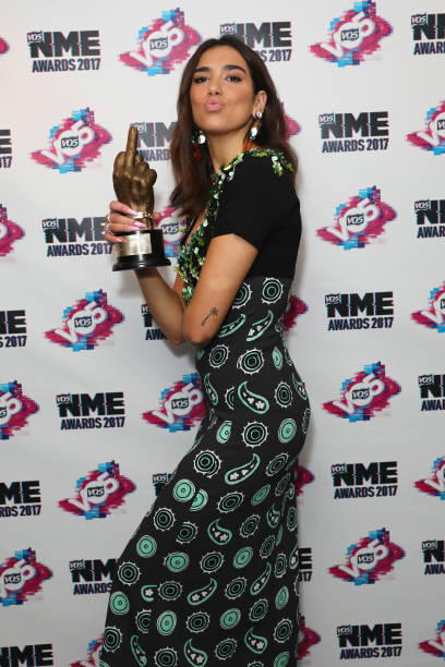 Dua Lipa poses in the winners room at the VO5 NME Awards 2017 at The O2 Academy Brixton on February 15, 2017 in London, United Kingdom.