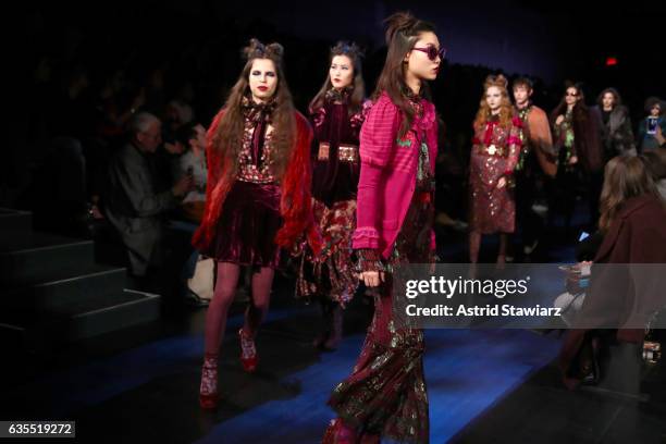 Models walk the runway during the Anna Sui fashion show during, New York Fashion Week: The Shows at Gallery 1, Skylight Clarkson Sq on February 15,...