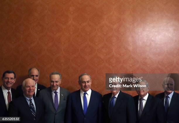 Israeli Prime Minister Benjamin Netanyahu , stands with members of the U.S. Senate, , John Barrasso , Ben Cardin , Robert Casey , Senate Minority...
