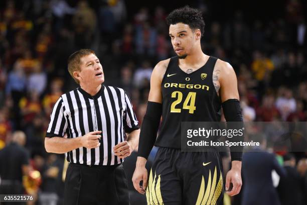 Oregon forward Dillon Brooks chats with an official during a college basketball game between the Oregon Ducks and the USC Trojans on February 11 at...