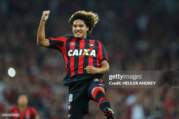 Felipe Gedoz of Brazil's Atletico Paranaense celebrates a goal scored against Paraguay's Deportivo Capiata during their Libertadores Cup football...