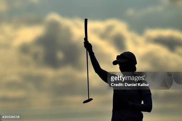 Karrie Webb of Australia lines up a putt during round one of the ISPS Handa Women's Australian Open at Royal Adelaide Golf Club on February 16, 2017...