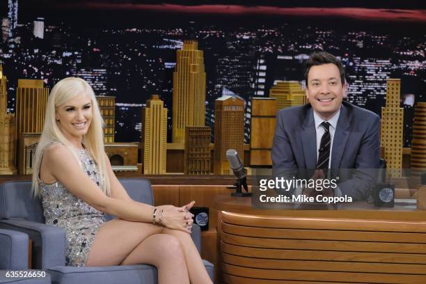 Gwen Stefani is interviewed by host Jimmy Fallon during her visit to "The Tonight Show Starring Jimmy Fallon" at Rockefeller Center on February 15,...